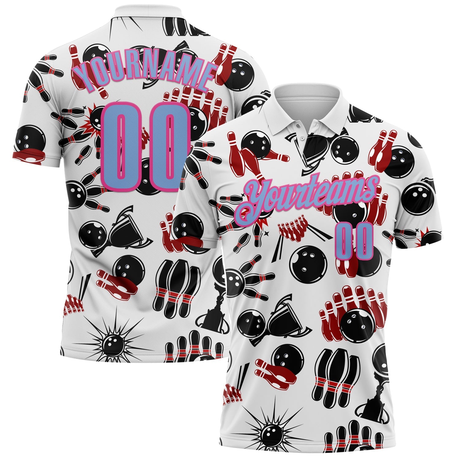 Custom White Light Blue-Pink 3D Bowling Performance Polo Shirt - Main View