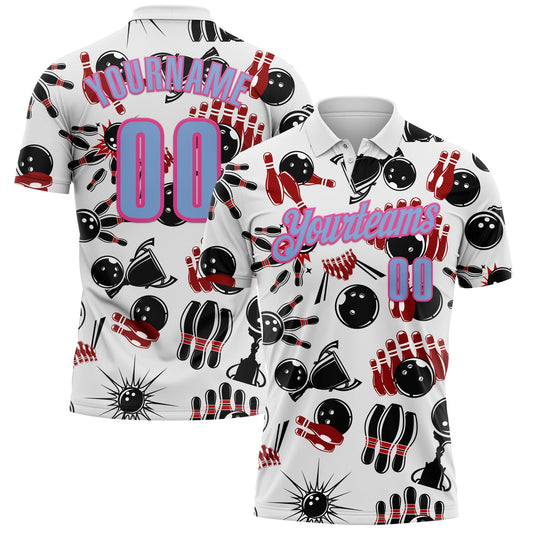 Custom White Light Blue-Pink 3D Bowling Performance Polo Shirt - Main View