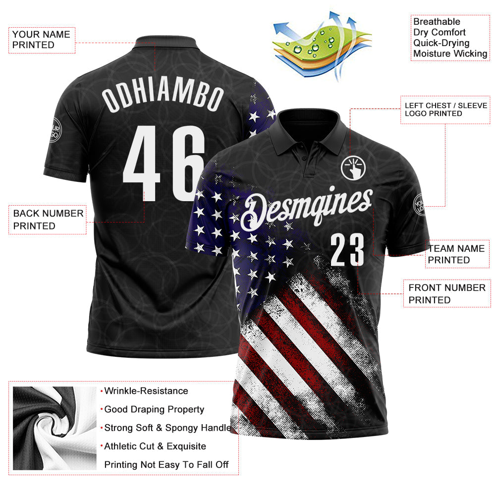 Custom Black White 3D Bowling American Flag Performance Polo Shirt view 3