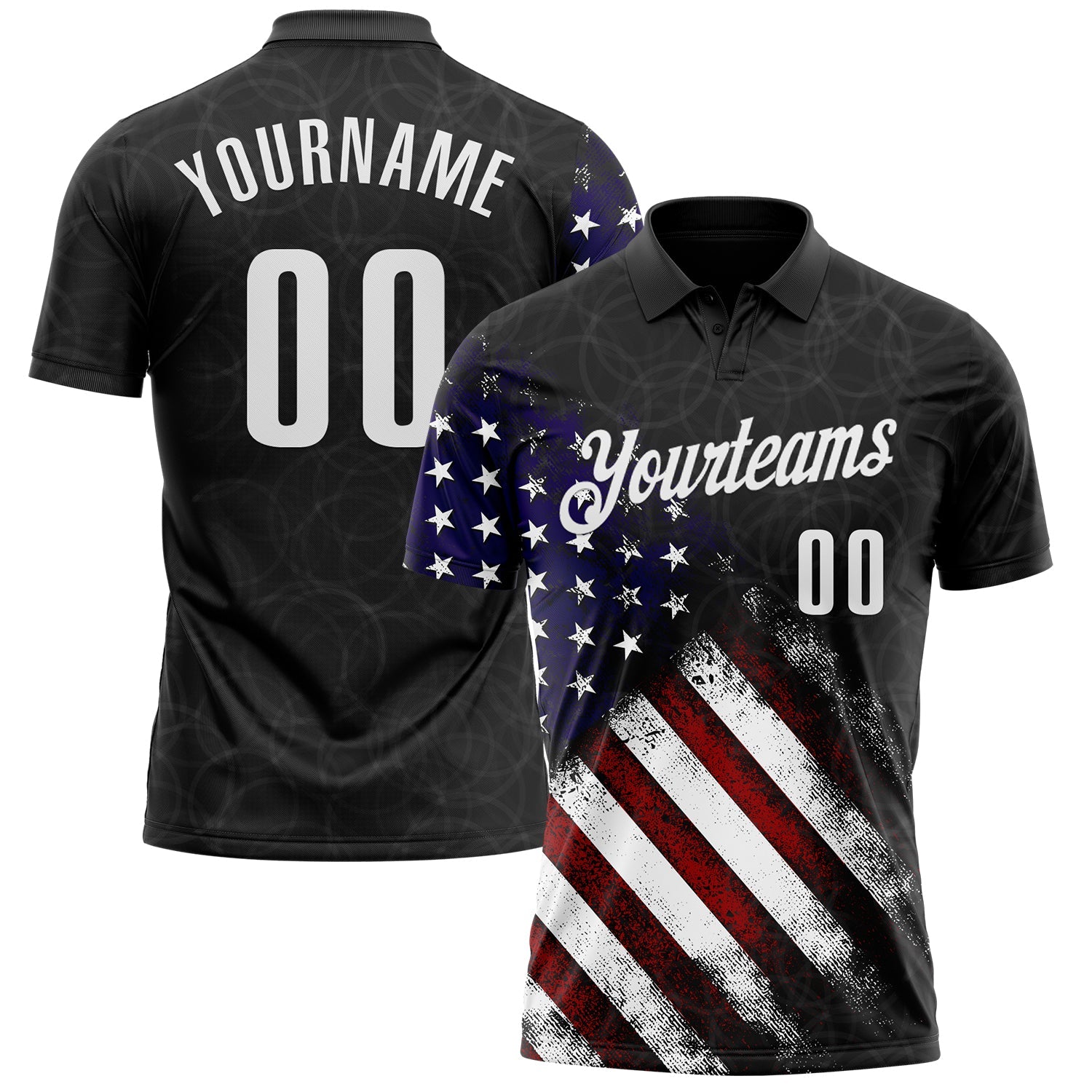 Custom Black White 3D Bowling American Flag Performance Polo Shirt - Main View