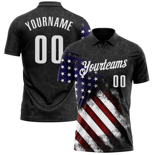 Custom Black White 3D Bowling American Flag Performance Polo Shirt - Main View
