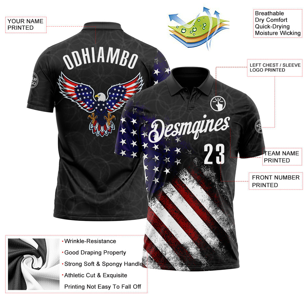 Custom Black White 3D Bowling American Flag Eagle Performance Polo Shirt view 3