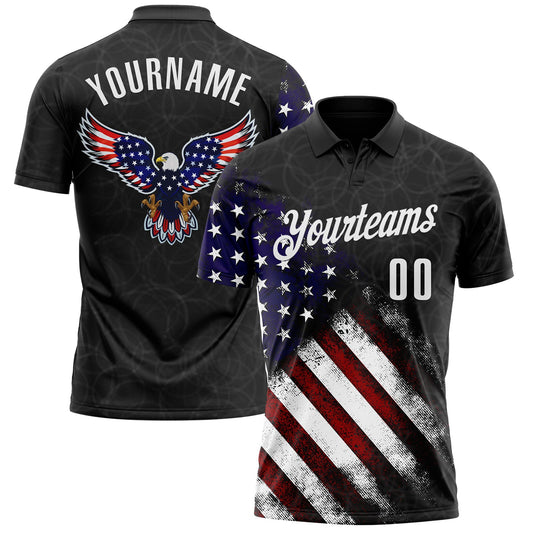 Custom Black White 3D Bowling American Flag Eagle Performance Polo Shirt - Main View