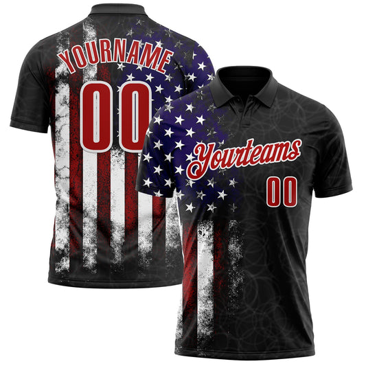 Custom Black Red-White 3D Bowling American Flag Performance Polo Shirt - Main View