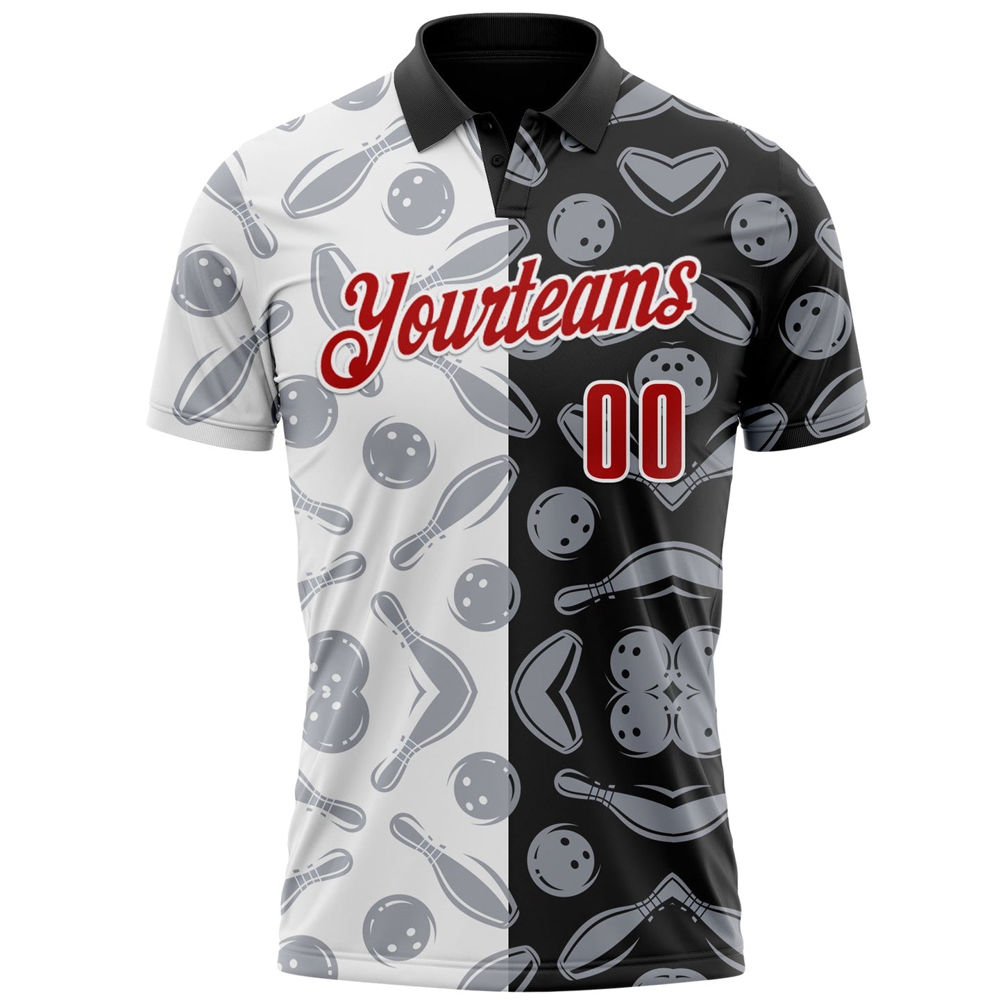 Custom Black Red-White 3D Bowling Performance Polo Shirt view 2