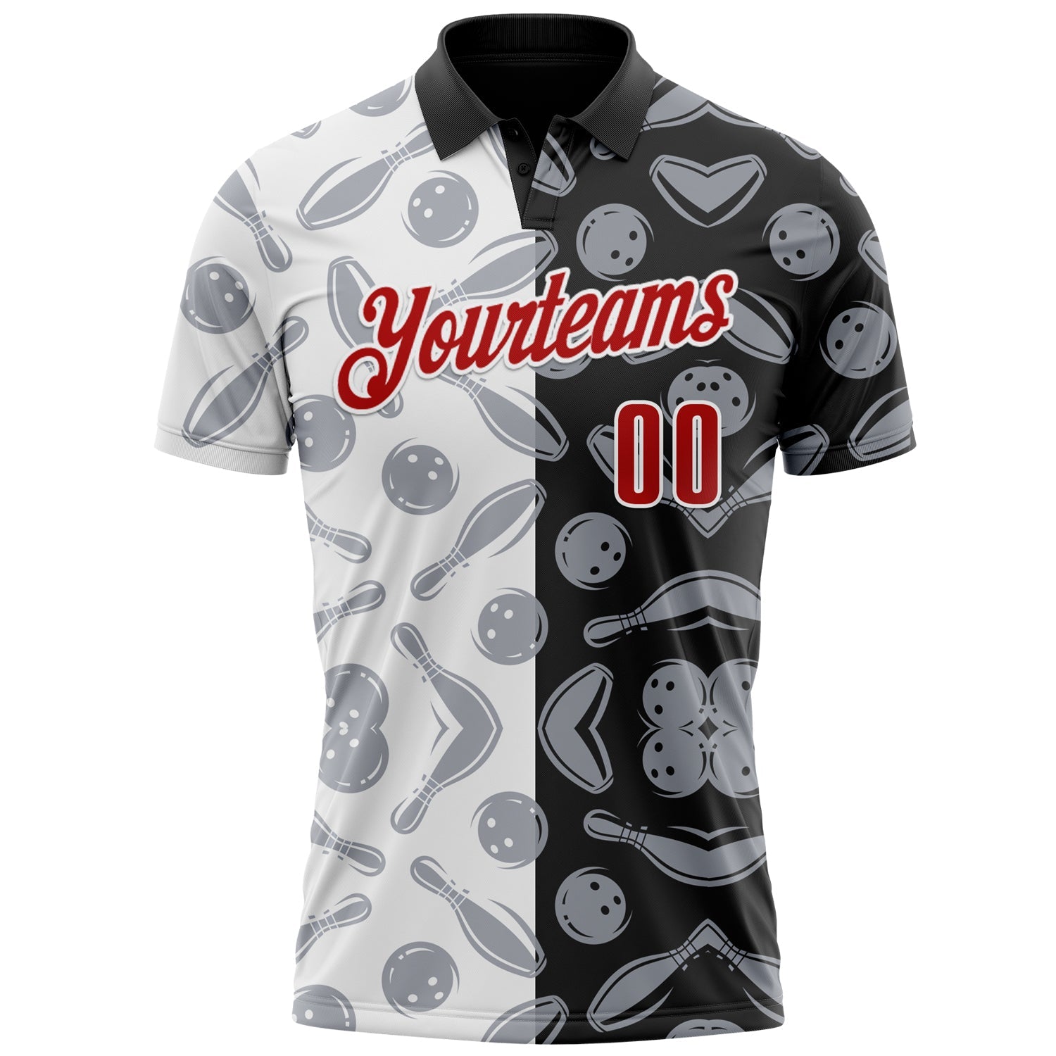 Custom Black Red-White 3D Bowling Performance Polo Shirt view 2
