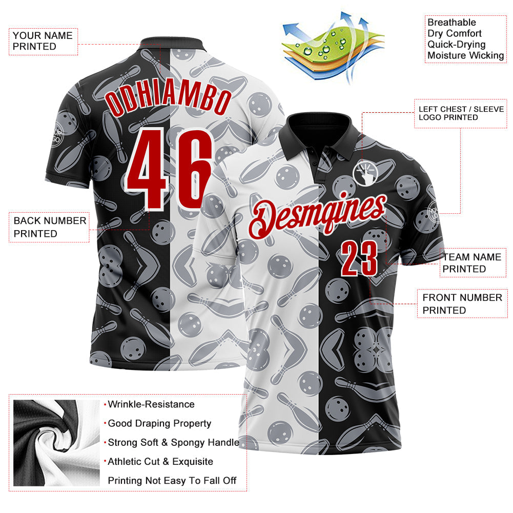 Custom Black Red-White 3D Bowling Performance Polo Shirt view 3