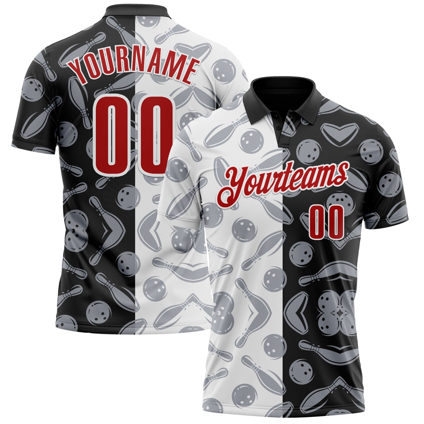 Custom Black Red-White 3D Bowling Performance Polo Shirt - Main View