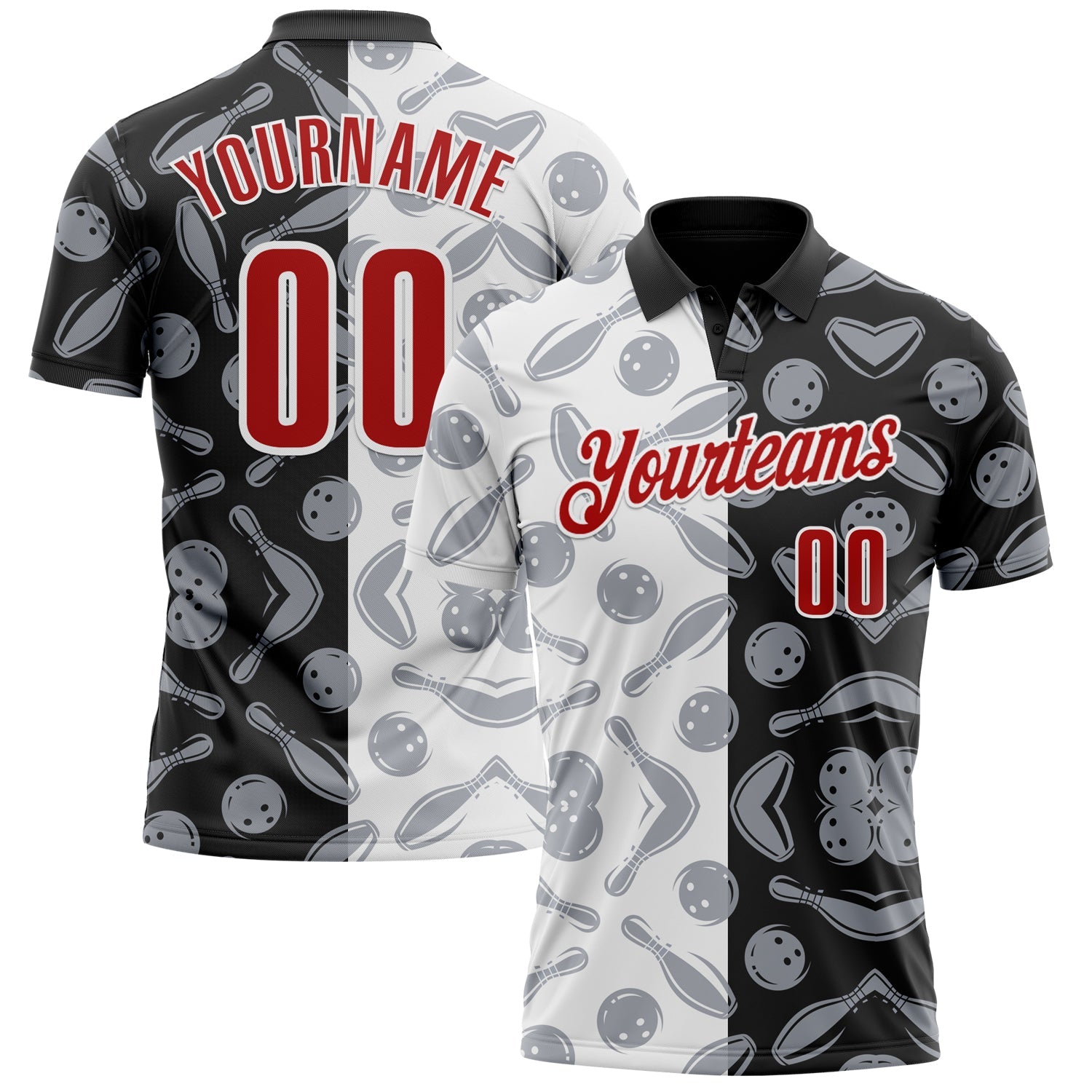 Custom Black Red-White 3D Bowling Performance Polo Shirt - Main View