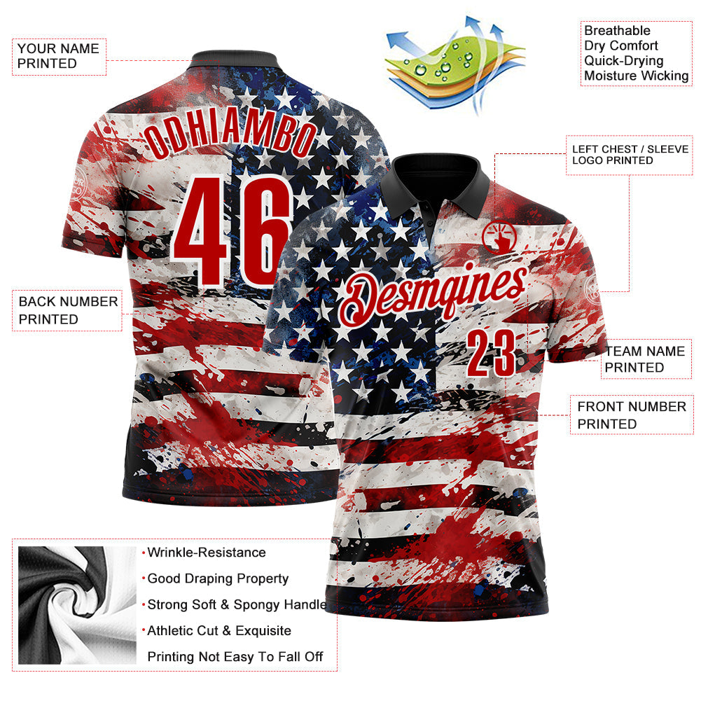 Custom Black Red-White 3D American Flag Performance Polo Shirt view 3