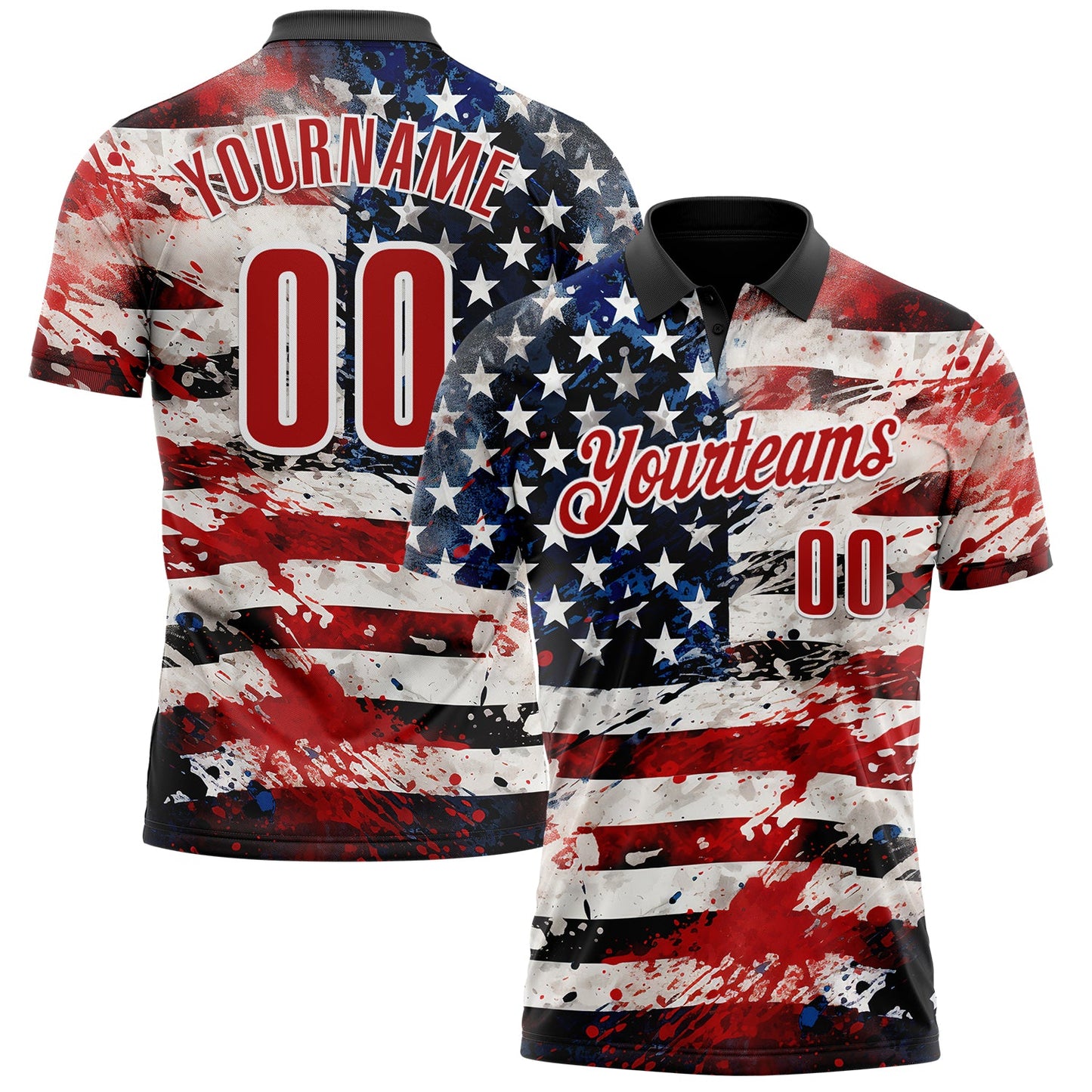 Custom Black Red-White 3D American Flag Performance Polo Shirt - Main View