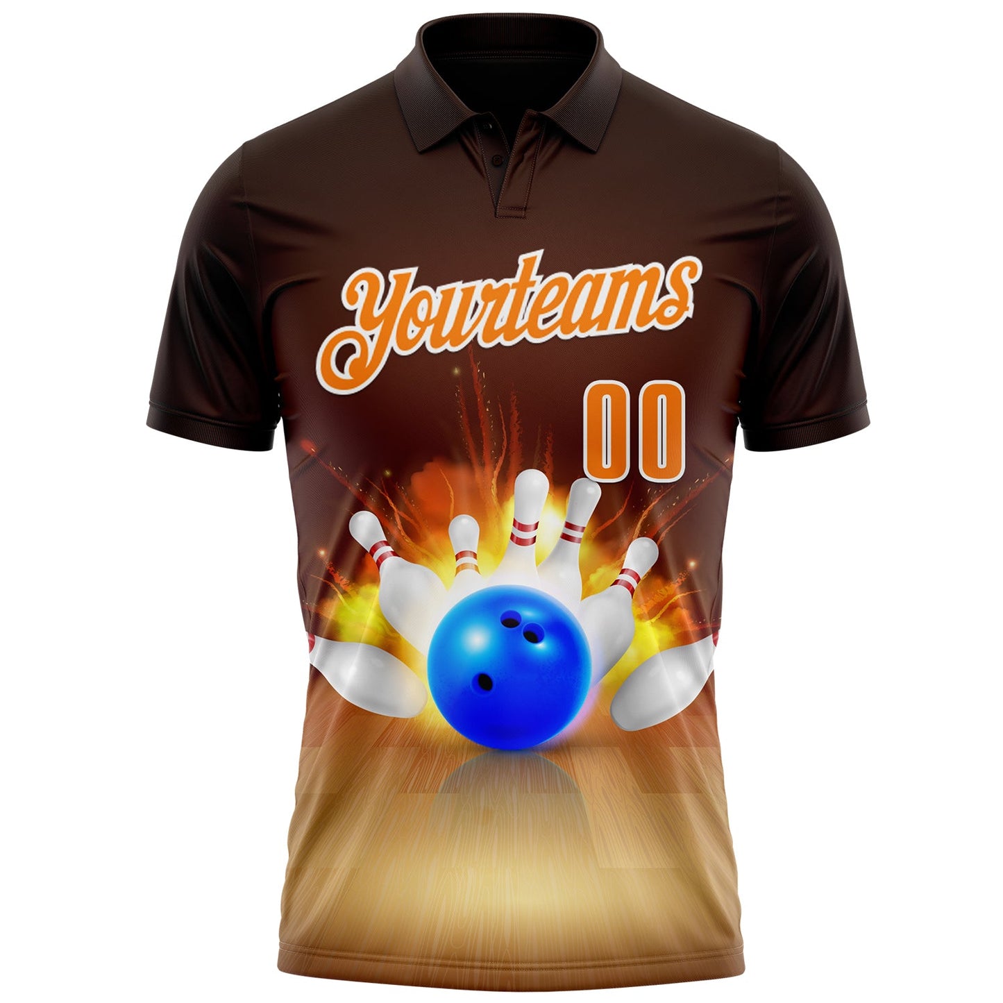 Custom Brown Bay Orange-White 3D Bowling Performance Polo Shirt view 2