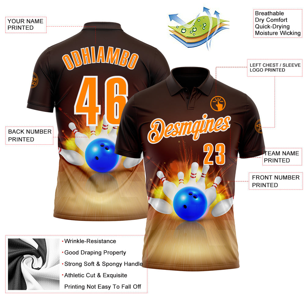 Custom Brown Bay Orange-White 3D Bowling Performance Polo Shirt view 3