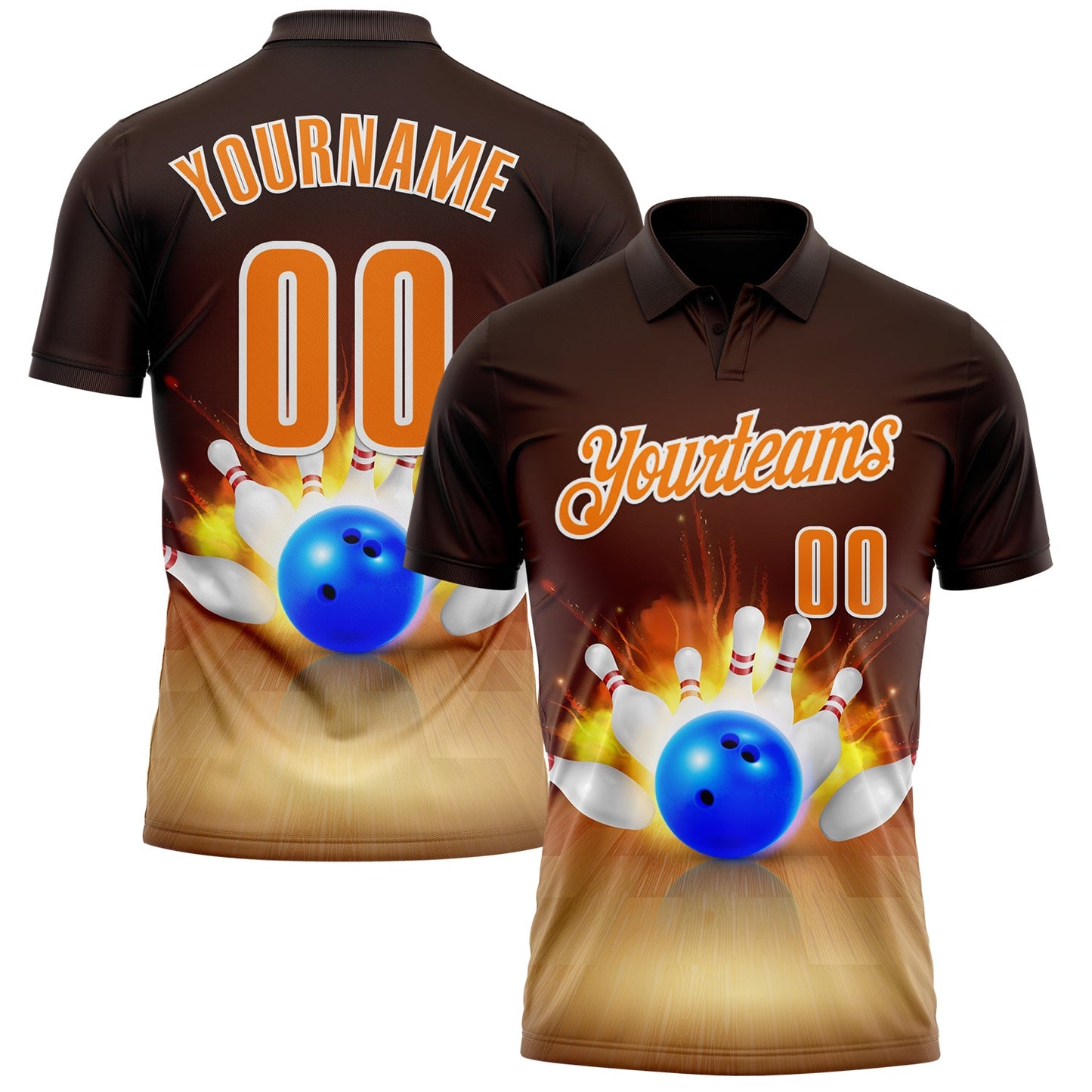 Custom Brown Bay Orange-White 3D Bowling Performance Polo Shirt - Main View