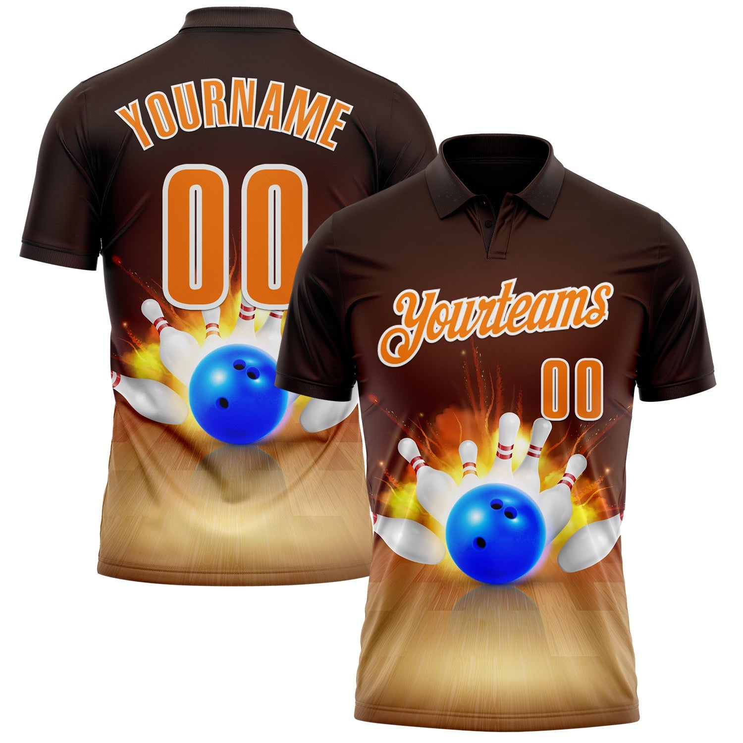 Custom Brown Bay Orange-White 3D Bowling Performance Polo Shirt - Main View