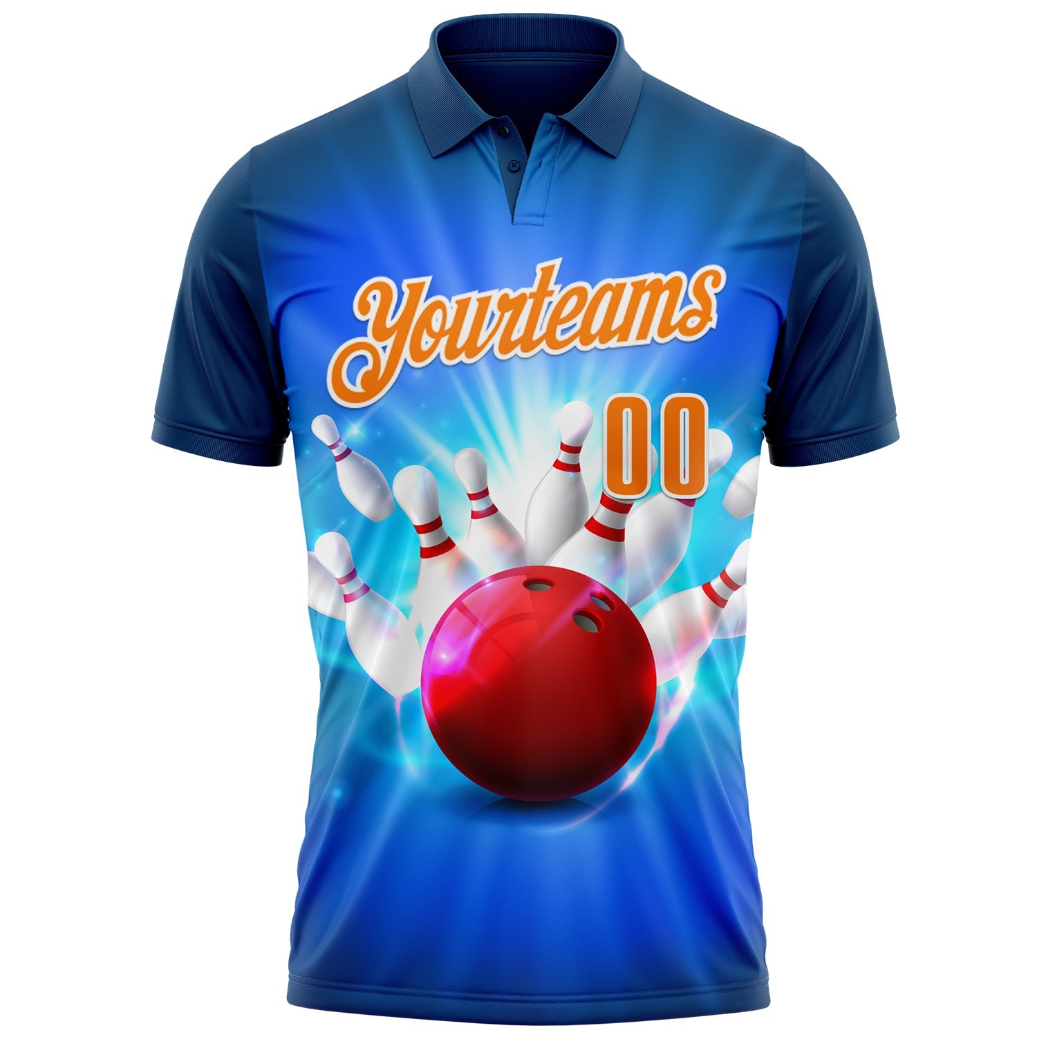 Custom Navy Bay Orange-White 3D Bowling Performance Polo Shirt view 2