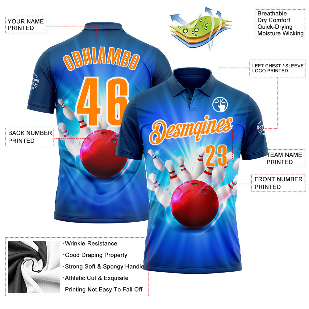 Custom Navy Bay Orange-White 3D Bowling Performance Polo Shirt view 3