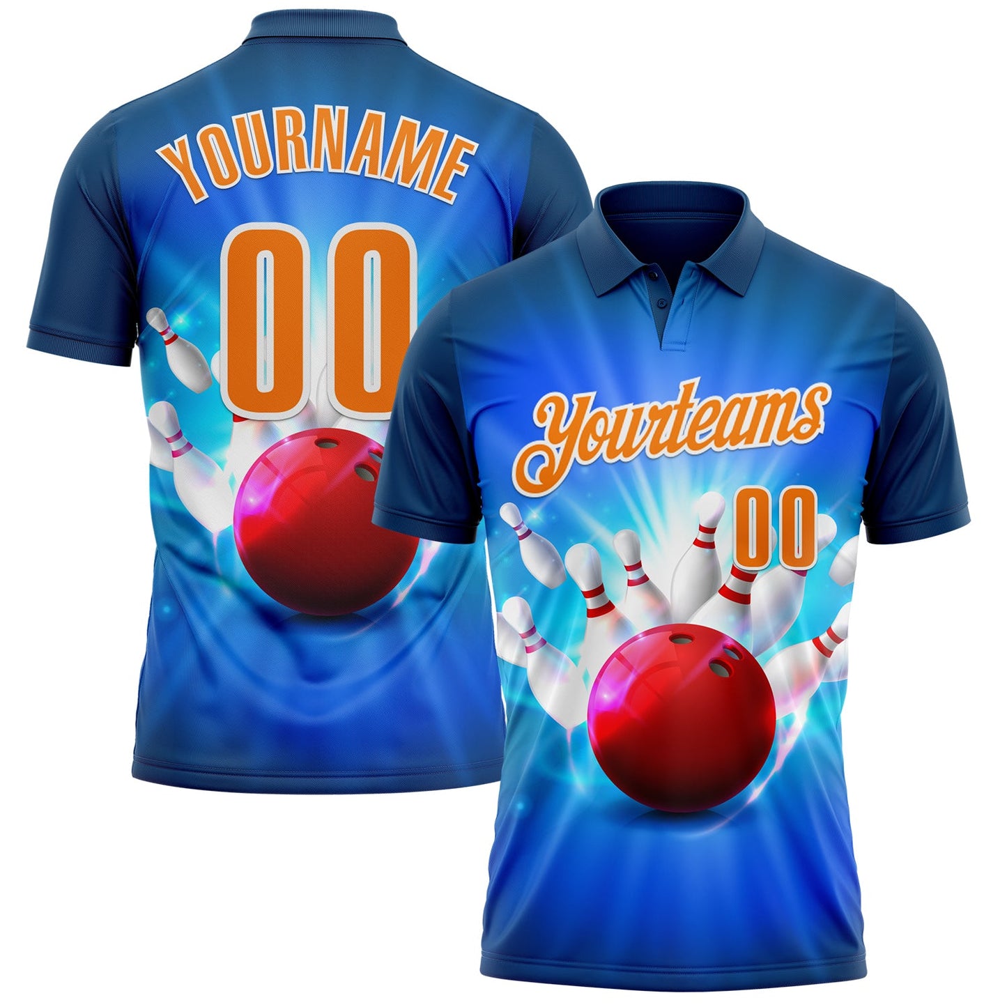 Custom Navy Bay Orange-White 3D Bowling Performance Polo Shirt - Main View