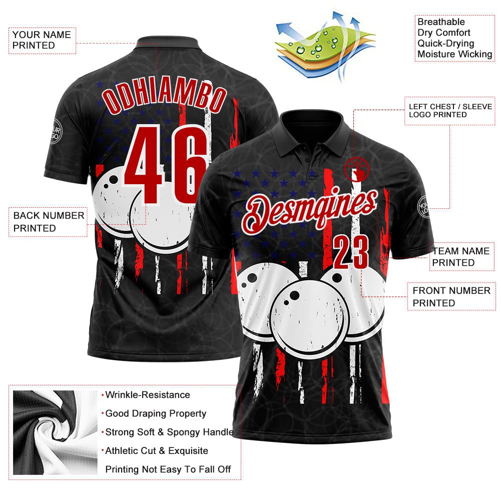 Custom Black Red-White 3D Bowling Performance Polo Shirt view 3