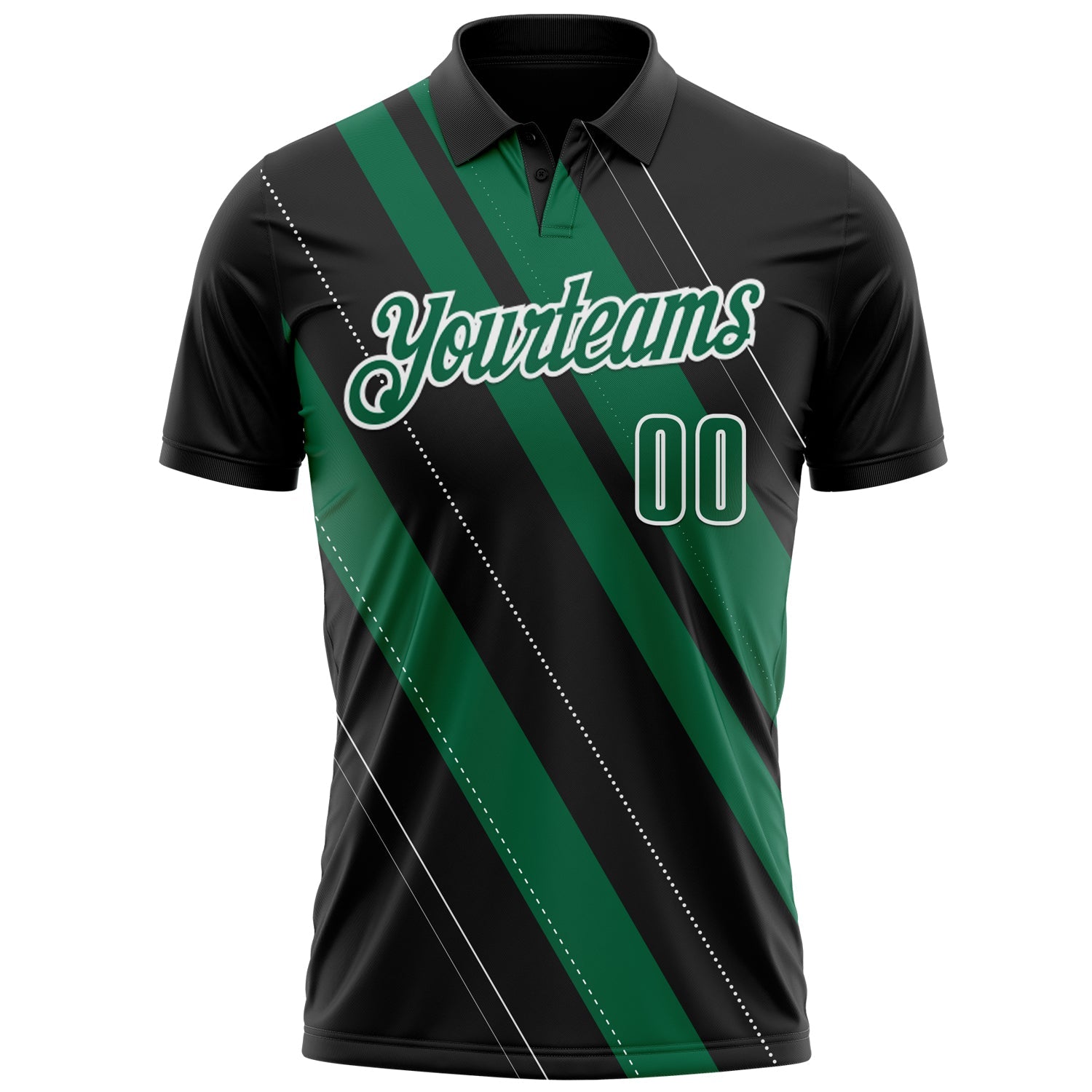 Custom Black Kelly Green-White 3D Bowling Line Shape Performance Polo Shirt view 2