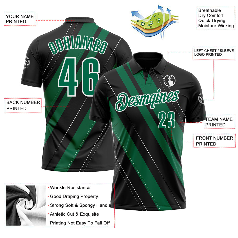 Custom Black Kelly Green-White 3D Bowling Line Shape Performance Polo Shirt view 3