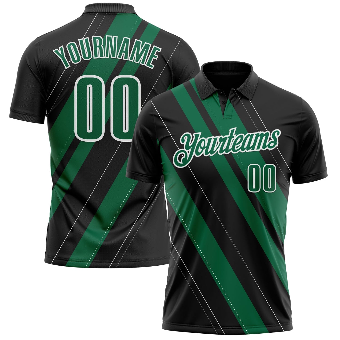 Custom Black Kelly Green-White 3D Bowling Line Shape Performance Polo Shirt - Main View