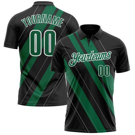 Custom Black Kelly Green-White 3D Bowling Line Shape Performance Polo Shirt - Main View