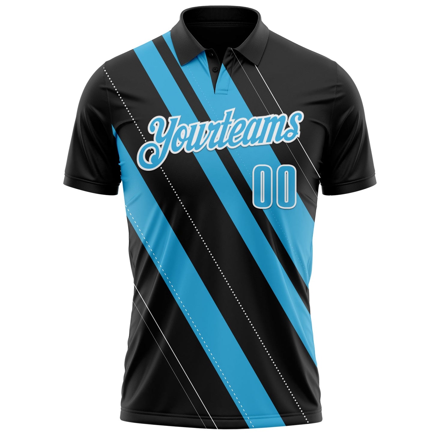 Custom Black Sky Blue-White 3D Bowling Line Shape Performance Polo Shirt view 2