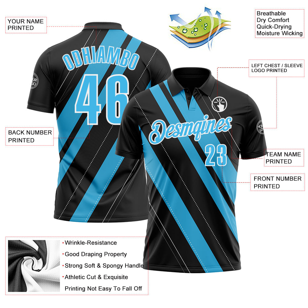 Custom Black Sky Blue-White 3D Bowling Line Shape Performance Polo Shirt view 3