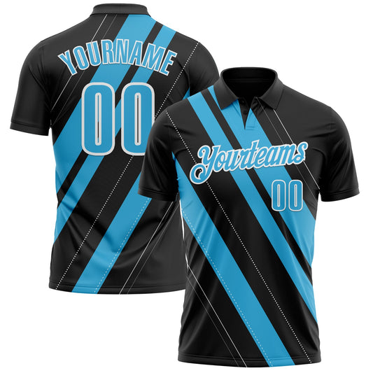 Custom Black Sky Blue-White 3D Bowling Line Shape Performance Polo Shirt - Main View