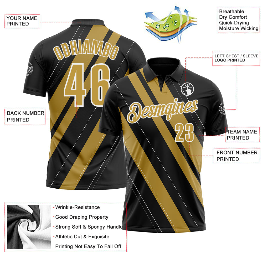 Custom Black Old Gold-White 3D Bowling Line Shape Performance Polo Shirt view 3