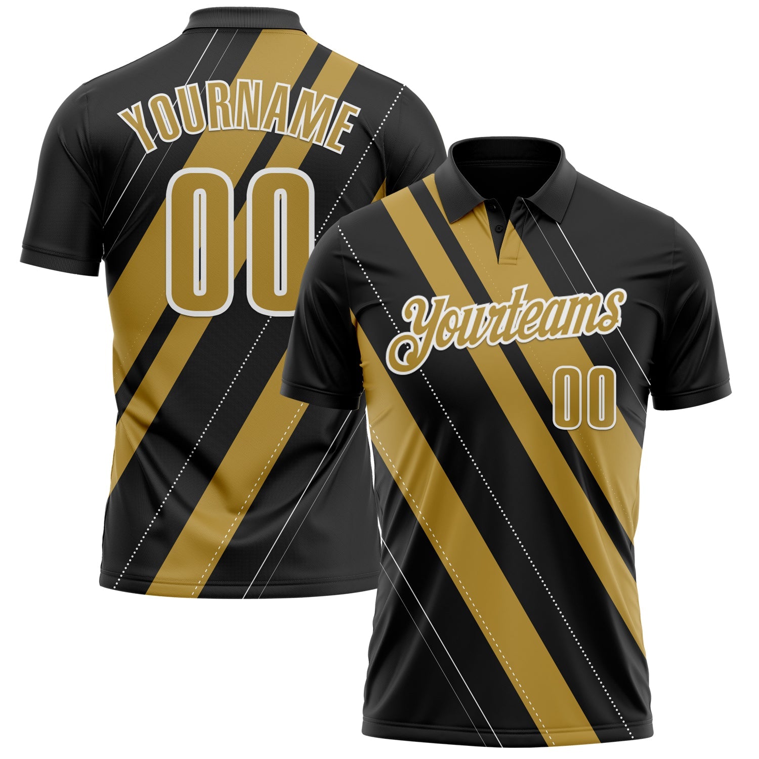 Custom Black Old Gold-White 3D Bowling Line Shape Performance Polo Shirt - Main View