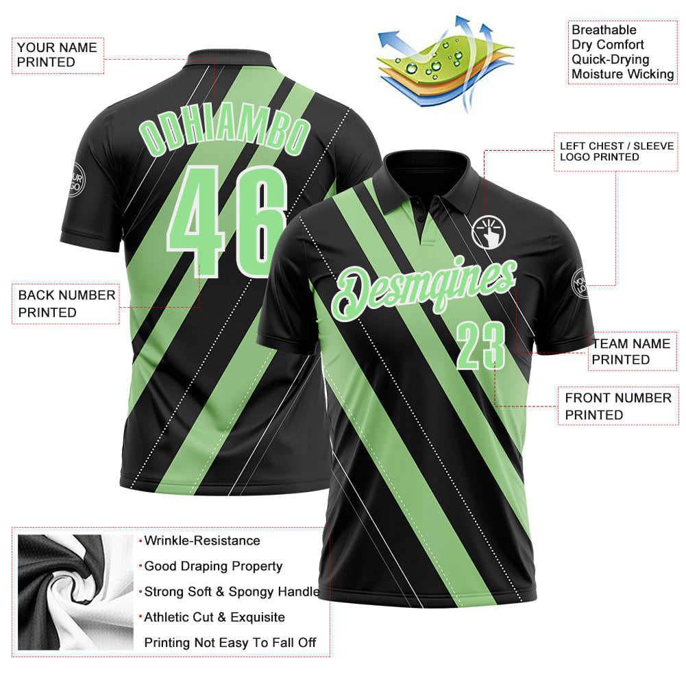Custom Black Pea Green-White 3D Bowling Line Shape Performance Polo Shirt view 3