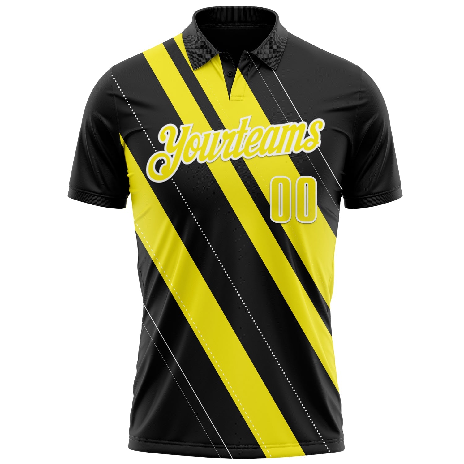 Custom Black Light Yellow-White 3D Bowling Line Shape Performance Polo Shirt view 2