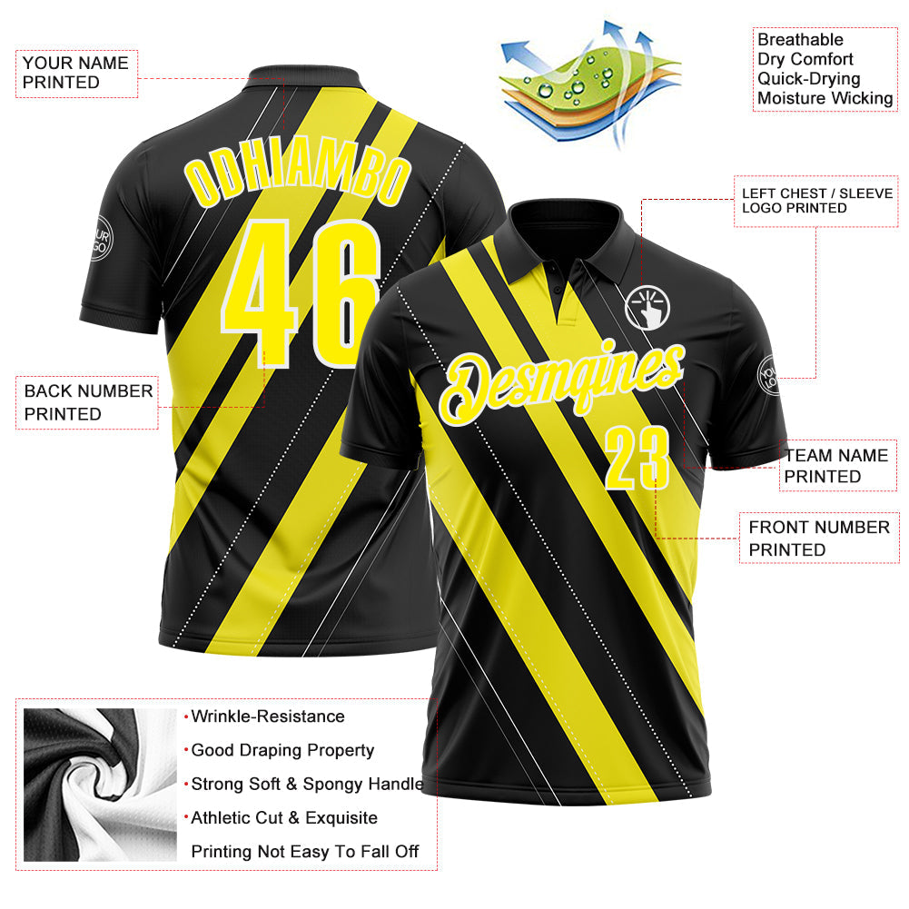 Custom Black Light Yellow-White 3D Bowling Line Shape Performance Polo Shirt view 3