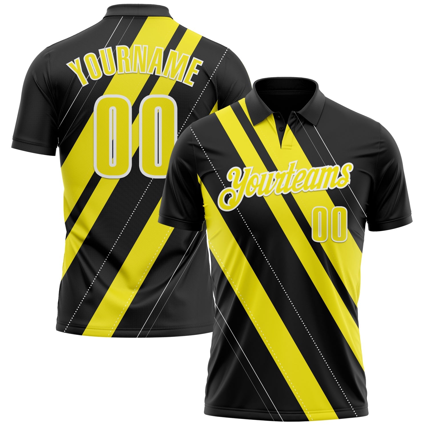 Custom Black Light Yellow-White 3D Bowling Line Shape Performance Polo Shirt - Main View