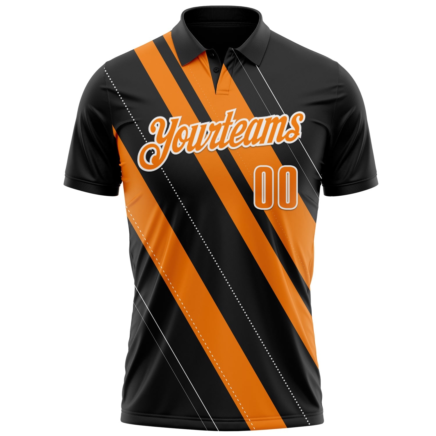 Custom Black Bay Orange-White 3D Bowling Line Shape Performance Polo Shirt view 2