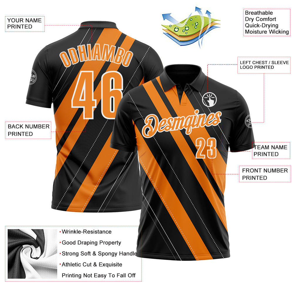 Custom Black Bay Orange-White 3D Bowling Line Shape Performance Polo Shirt view 3