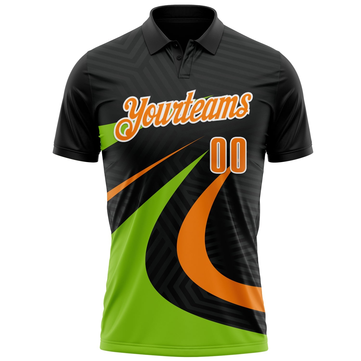 Custom Black Bay Orange-Neon Green 3D Bowling Geometric Shape Performance Polo Shirt view 2