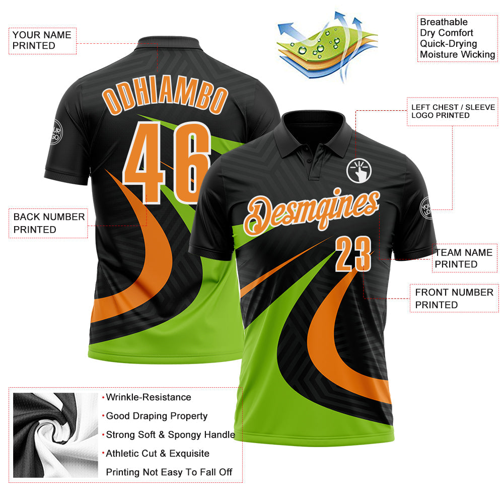 Custom Black Bay Orange-Neon Green 3D Bowling Geometric Shape Performance Polo Shirt view 3