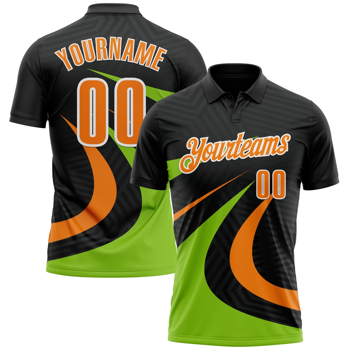 Custom Black Bay Orange-Neon Green 3D Bowling Geometric Shape Performance Polo Shirt - Main View
