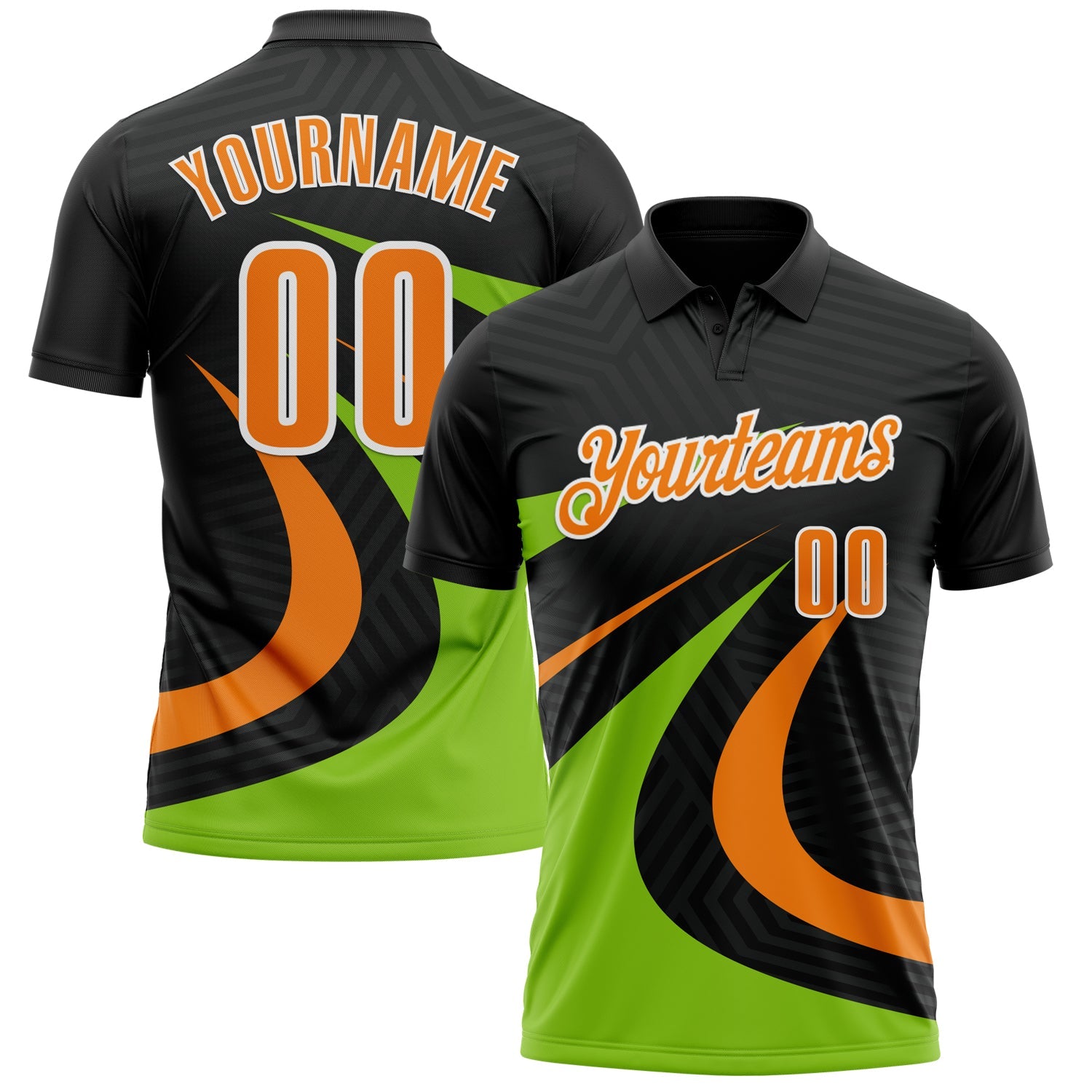 Custom Black Bay Orange-Neon Green 3D Bowling Geometric Shape Performance Polo Shirt - Main View