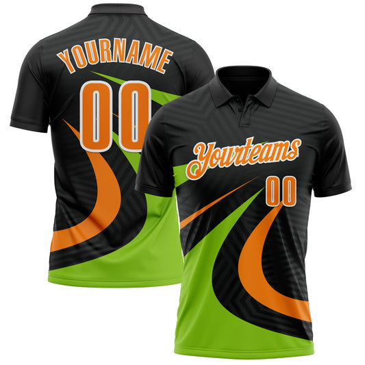 Custom Black Bay Orange-Neon Green 3D Bowling Geometric Shape Performance Polo Shirt - Main View