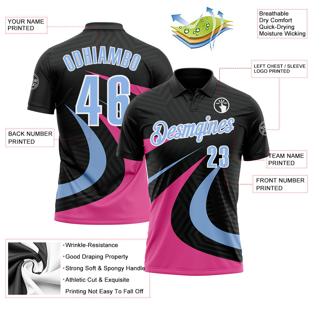 Custom Black Light Blue-Pink 3D Bowling Geometric Shape Performance Polo Shirt view 3