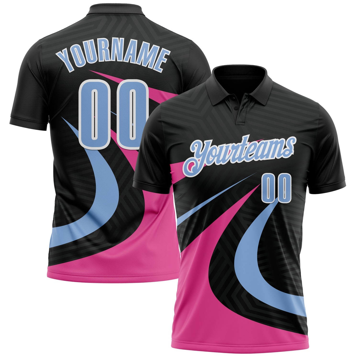 Custom Black Light Blue-Pink 3D Bowling Geometric Shape Performance Polo Shirt - Main View