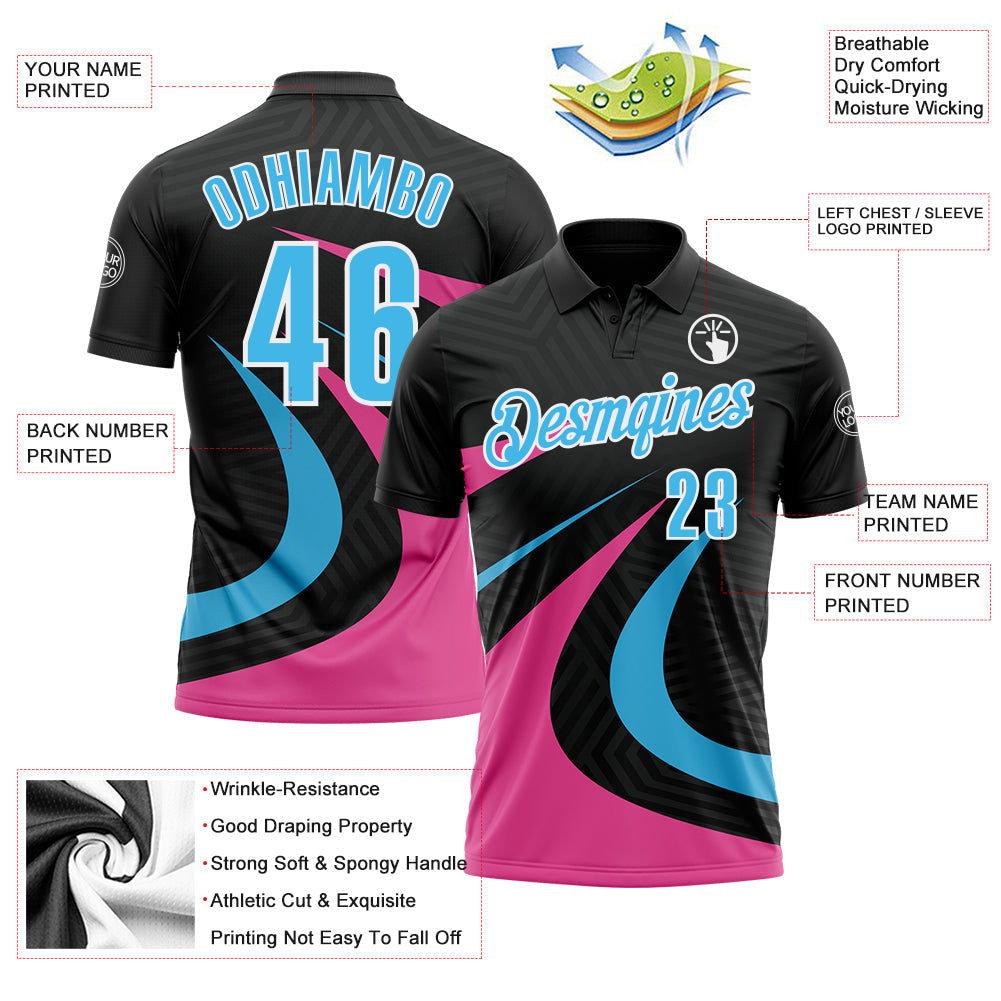 Custom Black Sky Blue-Pink 3D Bowling Geometric Shape Performance Polo Shirt view 3