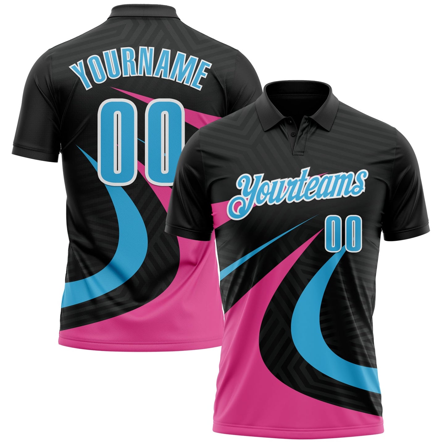 Custom Black Sky Blue-Pink 3D Bowling Geometric Shape Performance Polo Shirt - Main View
