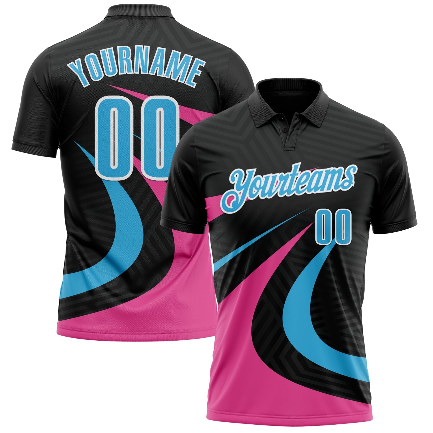 Custom Black Sky Blue-Pink 3D Bowling Geometric Shape Performance Polo Shirt - Main View