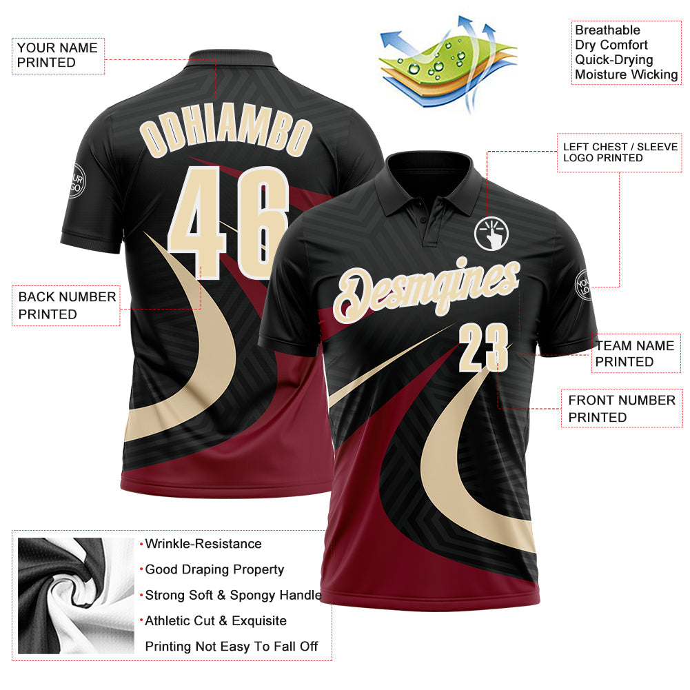Custom Black Cream-Crimson 3D Bowling Geometric Shape Performance Polo Shirt view 3