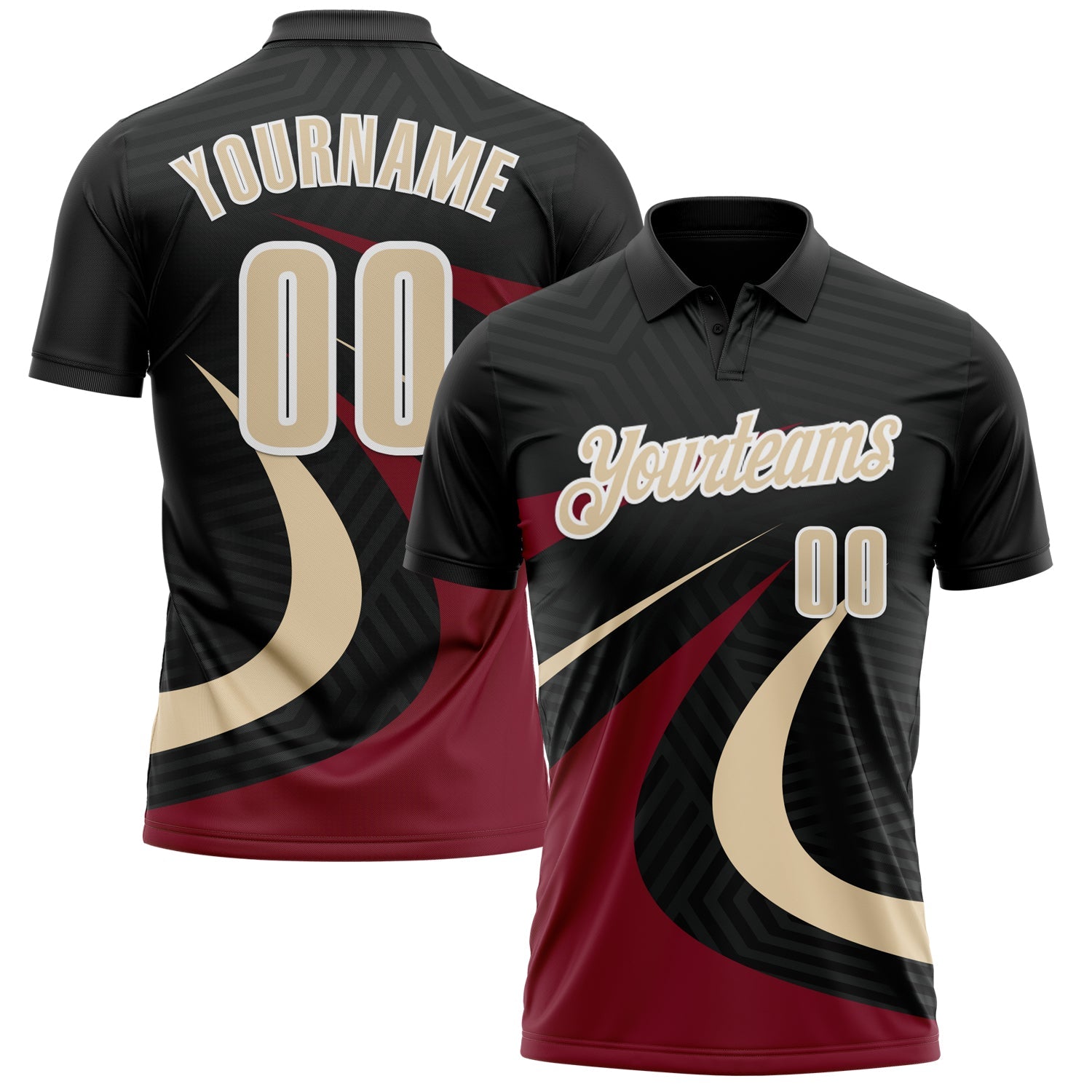Custom Black Cream-Crimson 3D Bowling Geometric Shape Performance Polo Shirt - Main View